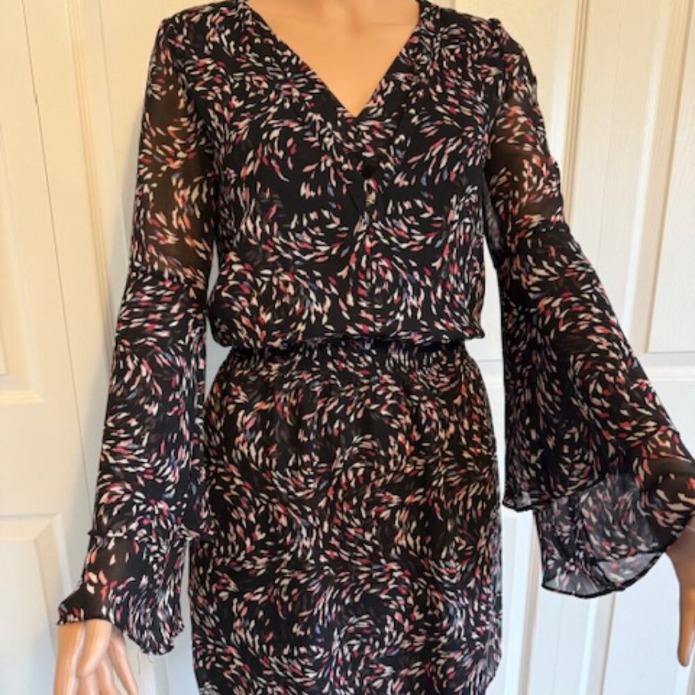 WHBM Long Sleeve Dress with Elastic Waist Black with Multi-Color Design Size OO